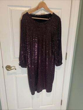 Nina Leonard Deep Plum Sequin Long Sleeve Shift Dress